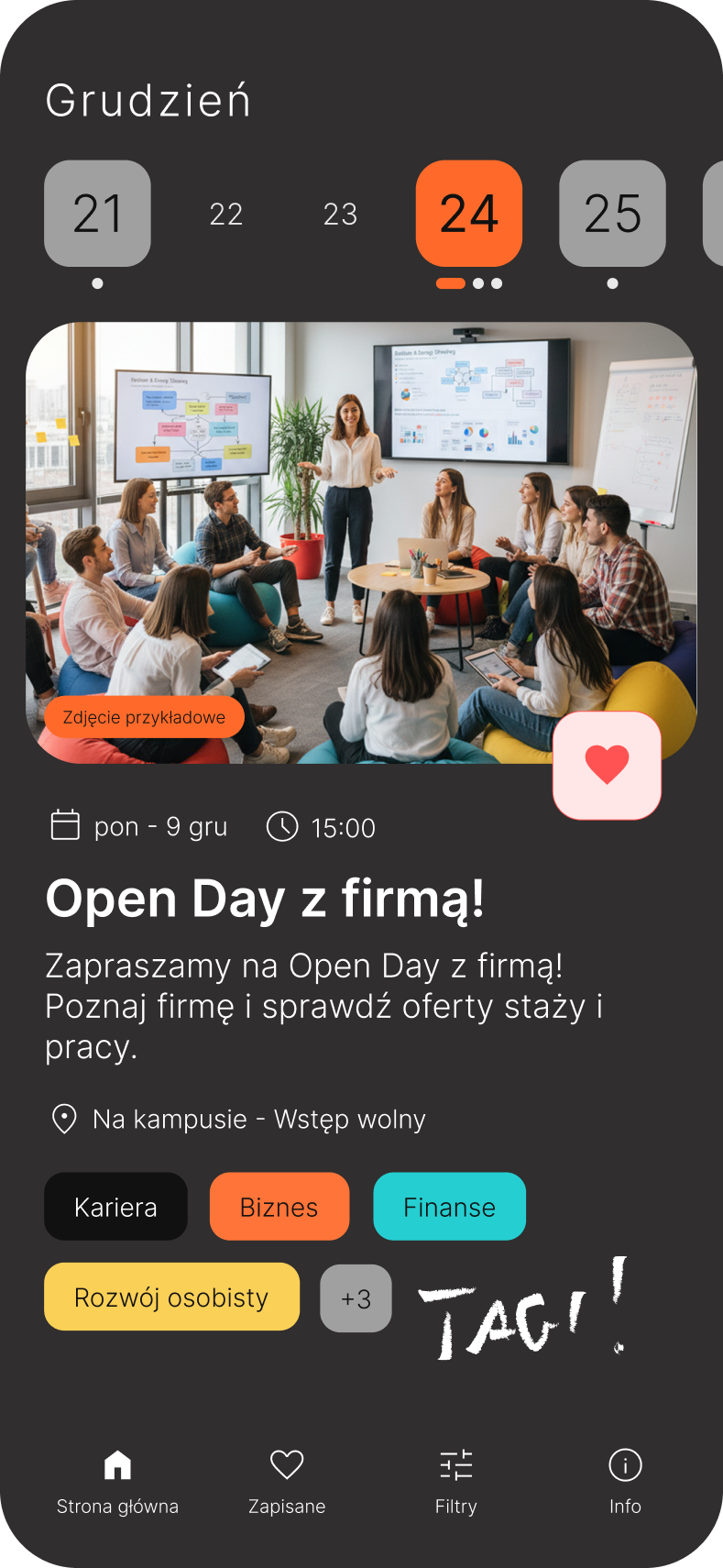 Ekran główny aplikacji UEK Eventuje z wydarzeniem Open Day