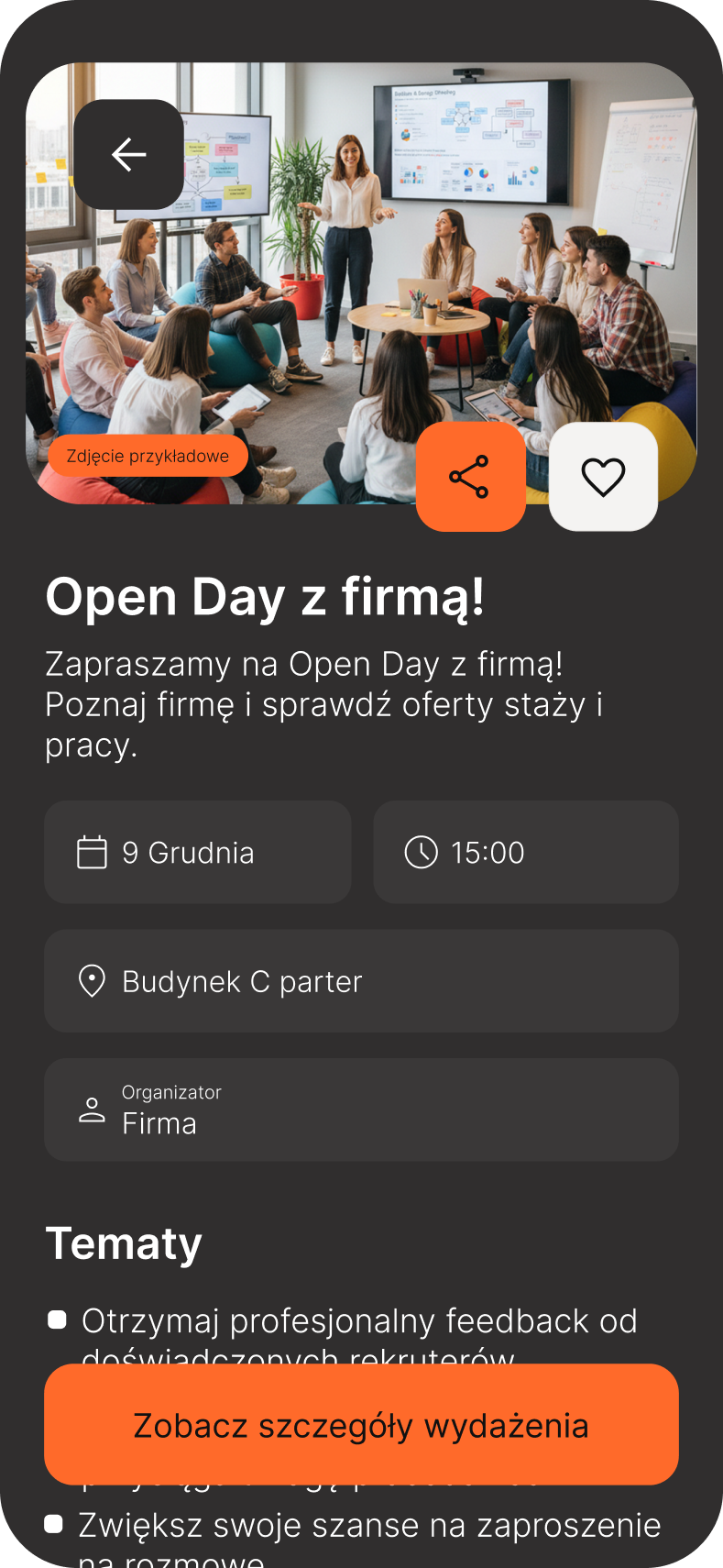 Ekran szczegółów wydarzenia w aplikacji UEK Eventuje