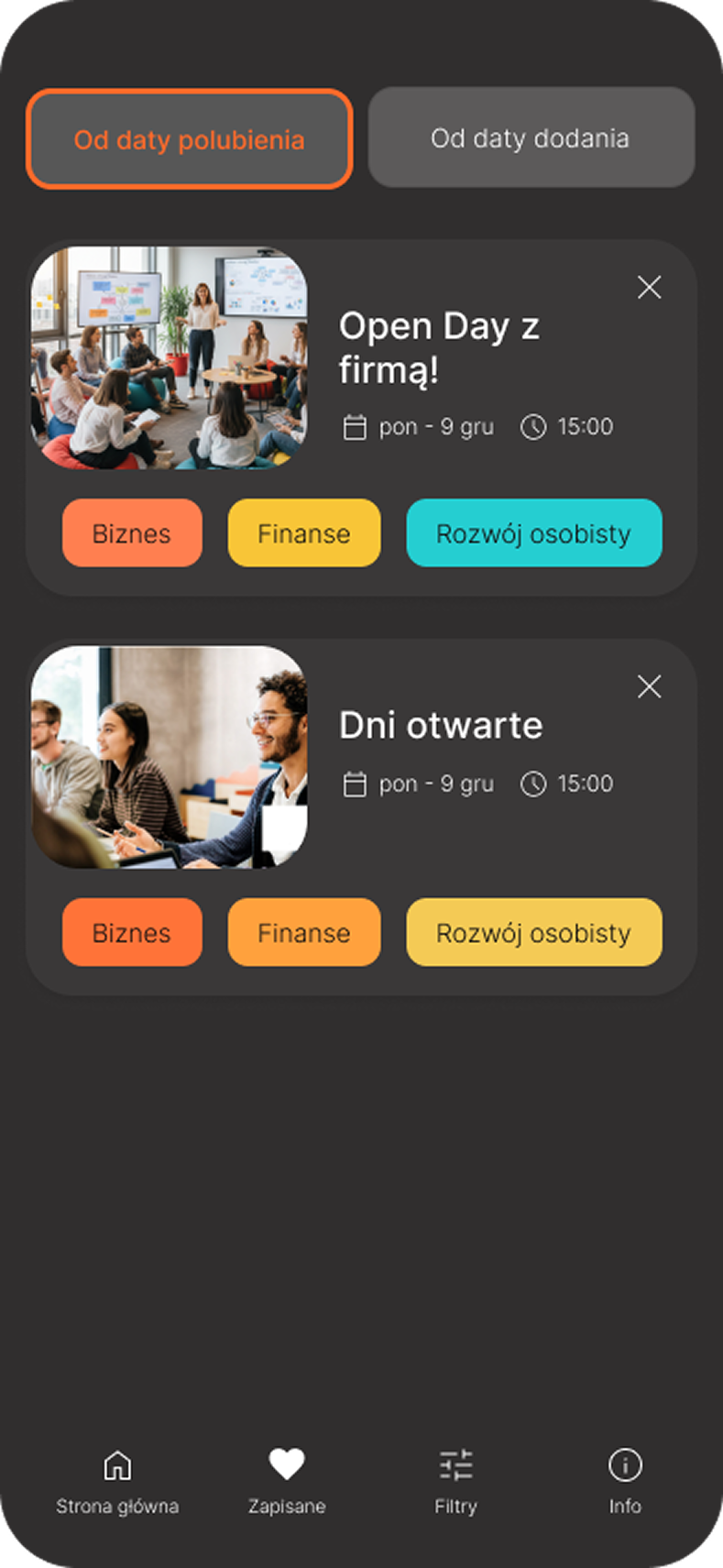 Ekran zapisanych wydarzeń w aplikacji UEK Eventuje